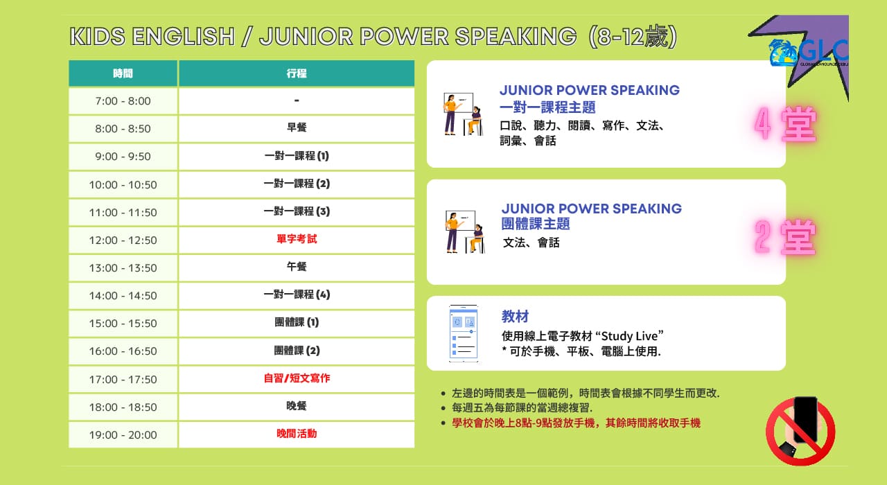 2025菲律賓GLC寒假英語冬令營 課程表