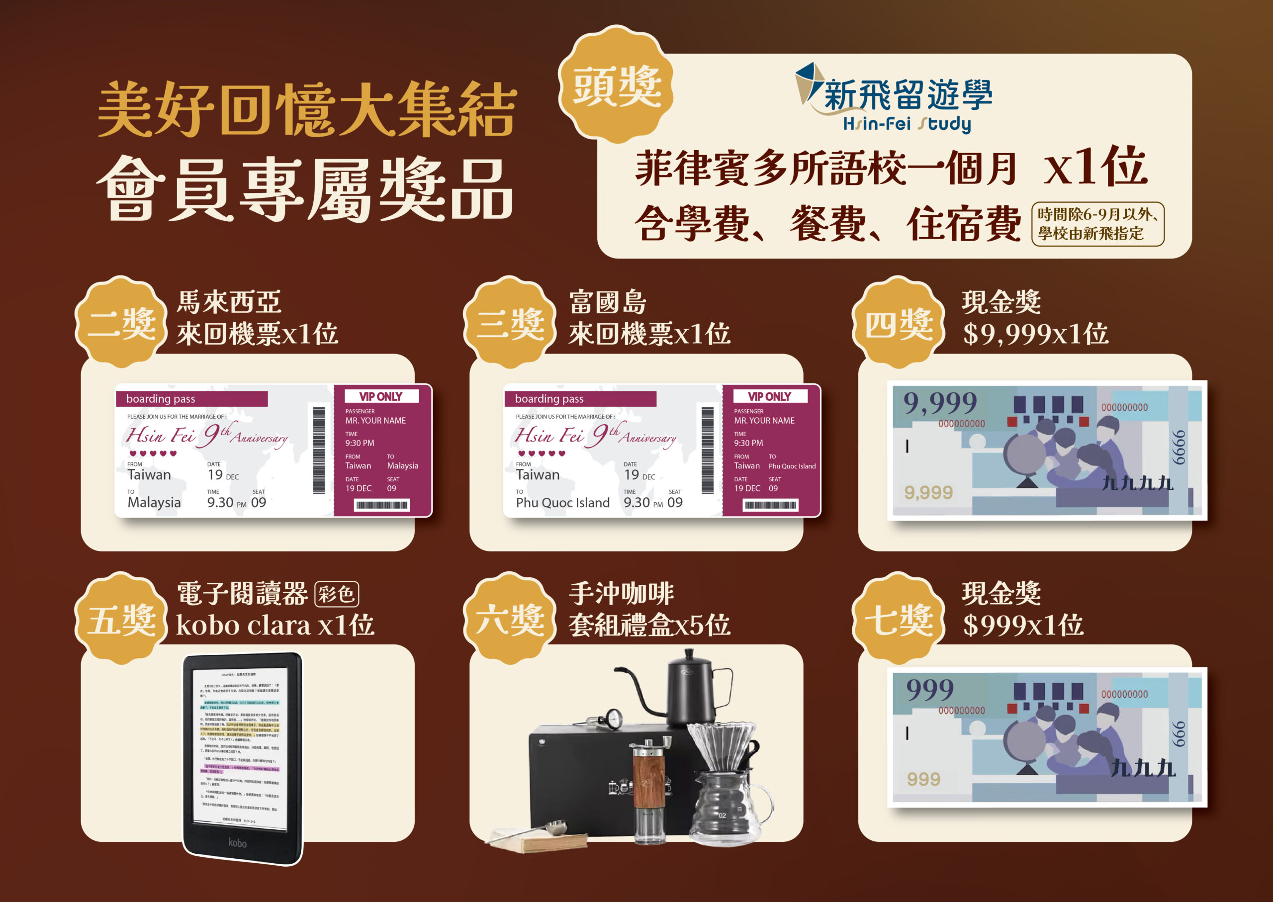新飛教育集團 9週年慶 -抽會員專屬限定大禮！來回機票、現金大獎回饋給你！