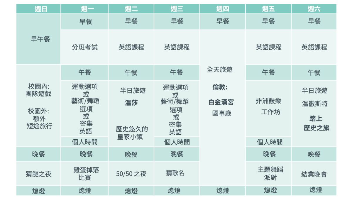 英國Emerald夏令營 多元活動課表