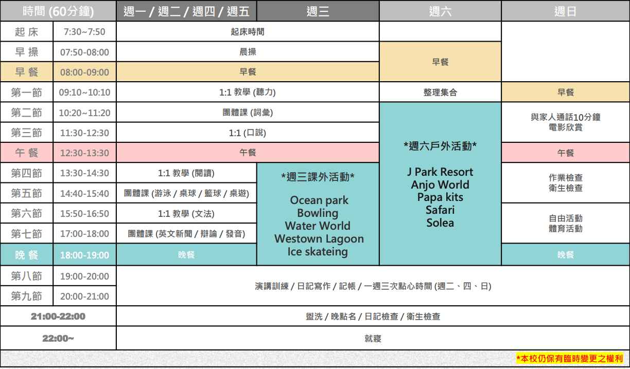 CIA 菲律賓夏令營 一日課程表